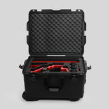 Front view of Sony FX6 and accessories in Black Color Studio Case and Custom Foam Insert with a Red Layer