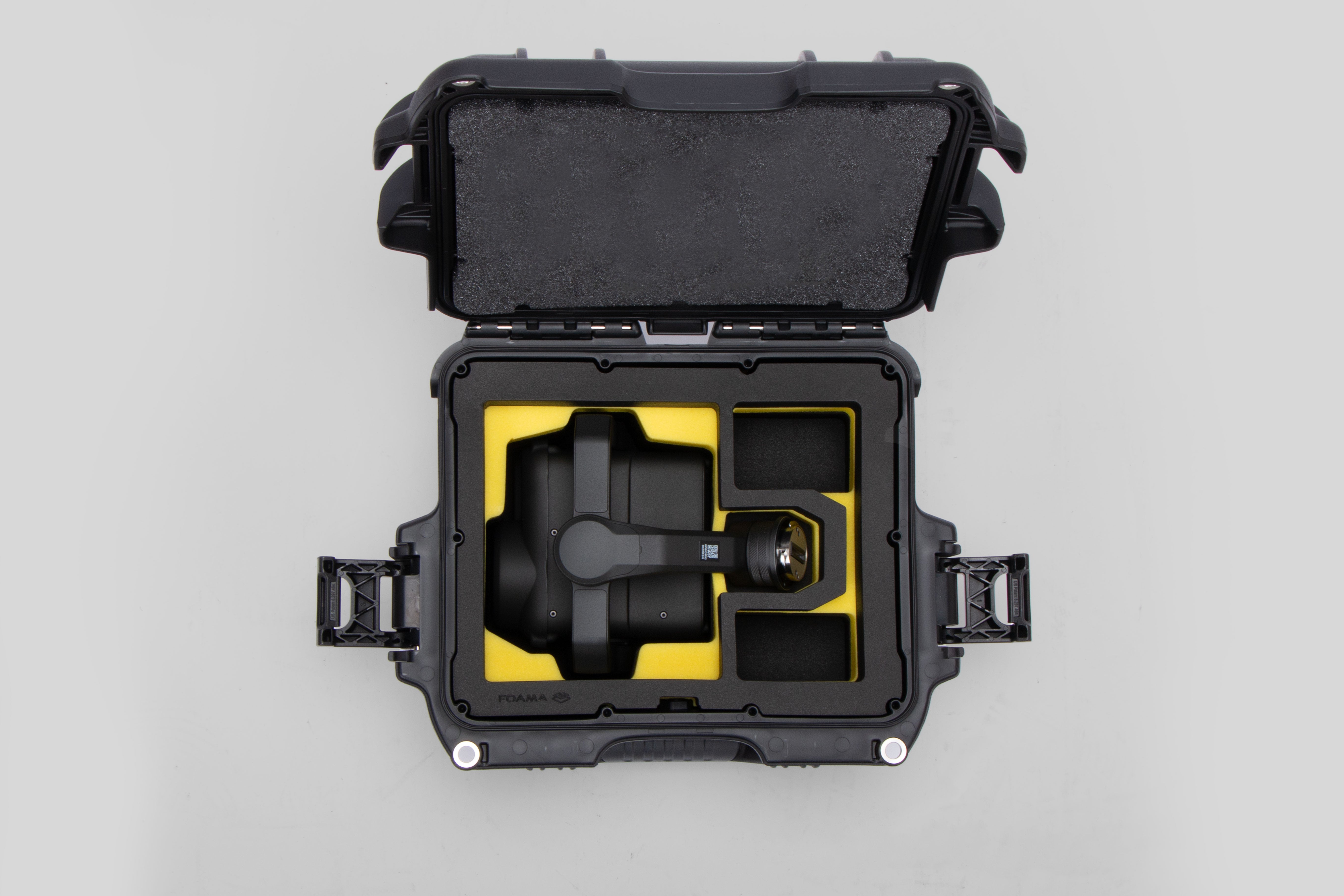 Top view of Black Color DJI Zenmuse H30T Carry-On Case with Yellow Layer Custom Foam Insert