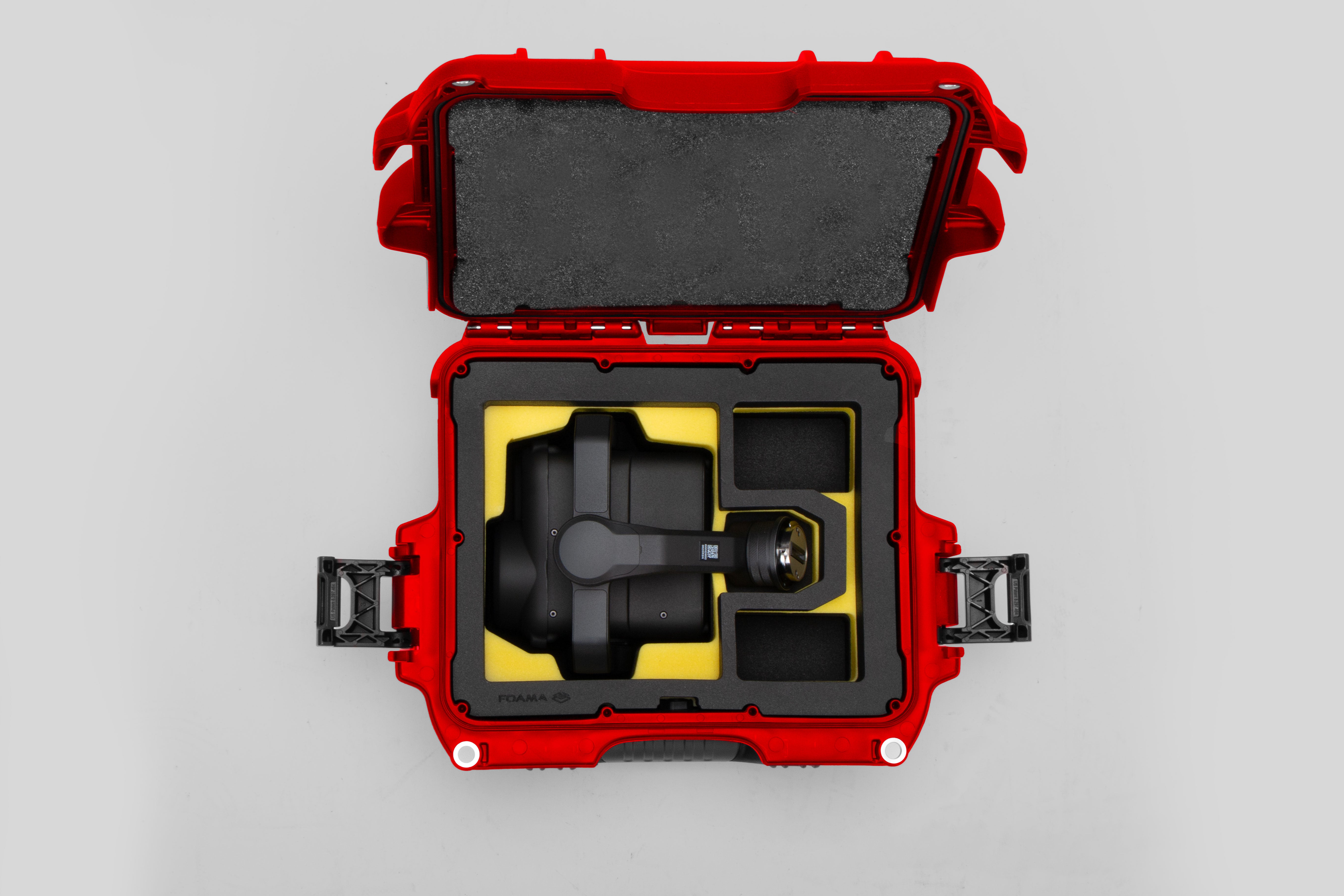 Top view of Red Color DJI Zenmuse H30T Carry-On Case with Yellow Layer Custom Foam Insert
