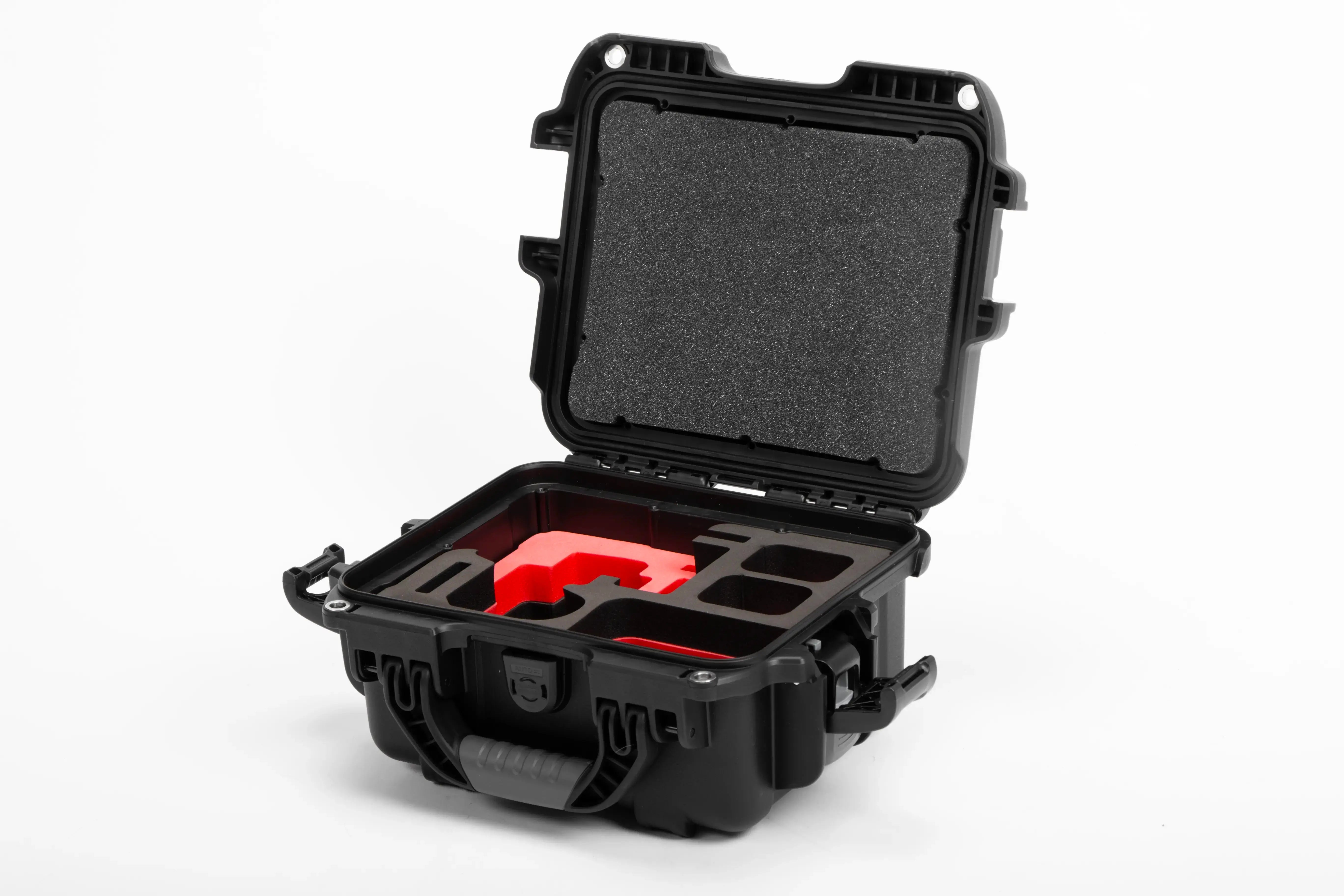Angle view of Canon Camera Compact Case For EOS R5, R5 II, R6, R6 II, R7 with Red Layer Custom Foam Insert