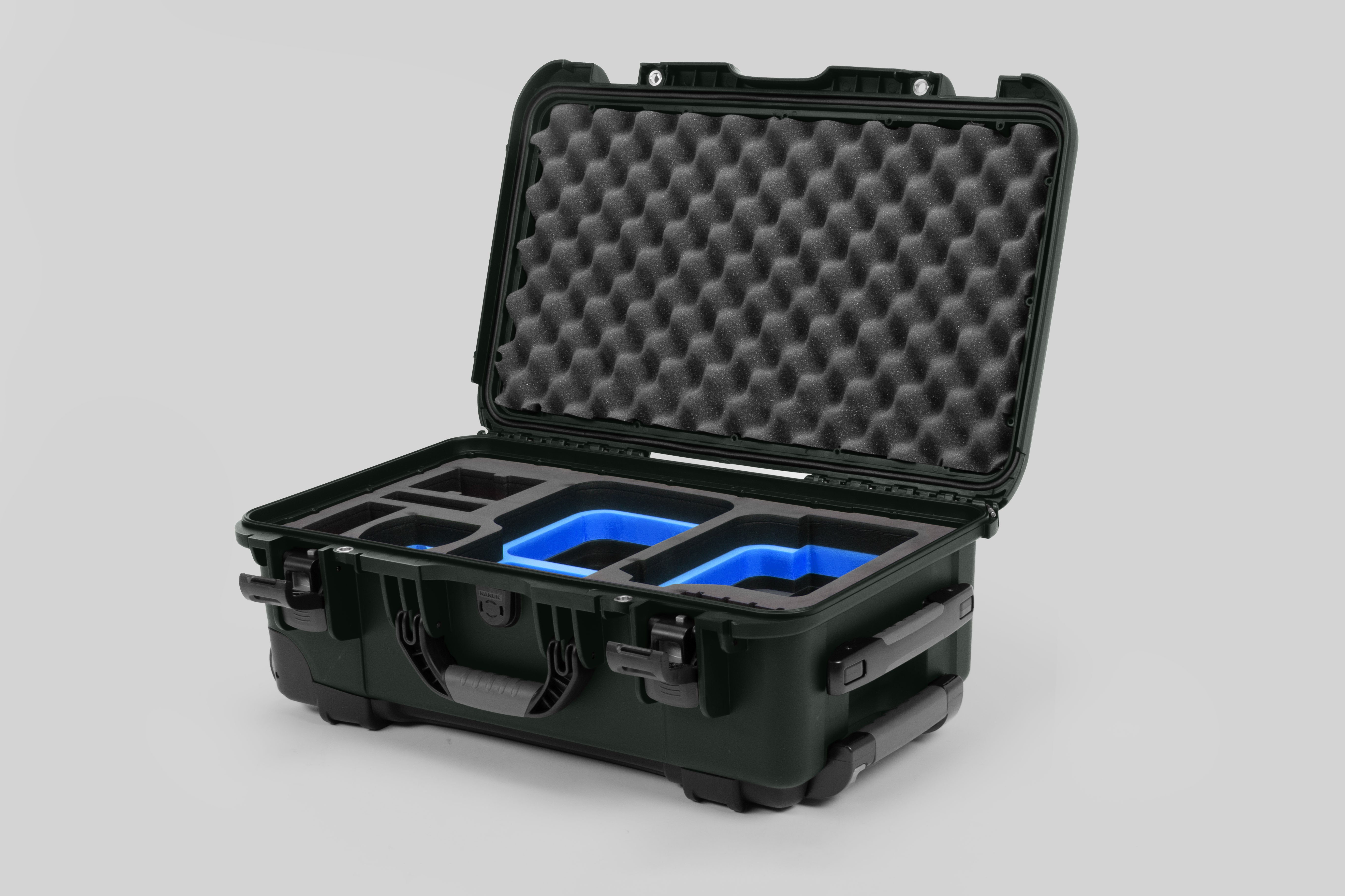 Angle view of Olive Color Canon C400 Camera Carry-on Case and Blue Layer Custom Foam Insert