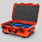 Angle view of Orange Color Canon C400 Camera Carry-on Case and Blue Layer Custom Foam Insert