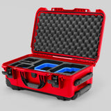 Angle view of Red Color Canon C400 Camera Carry-on Case and Blue Layer Custom Foam Insert