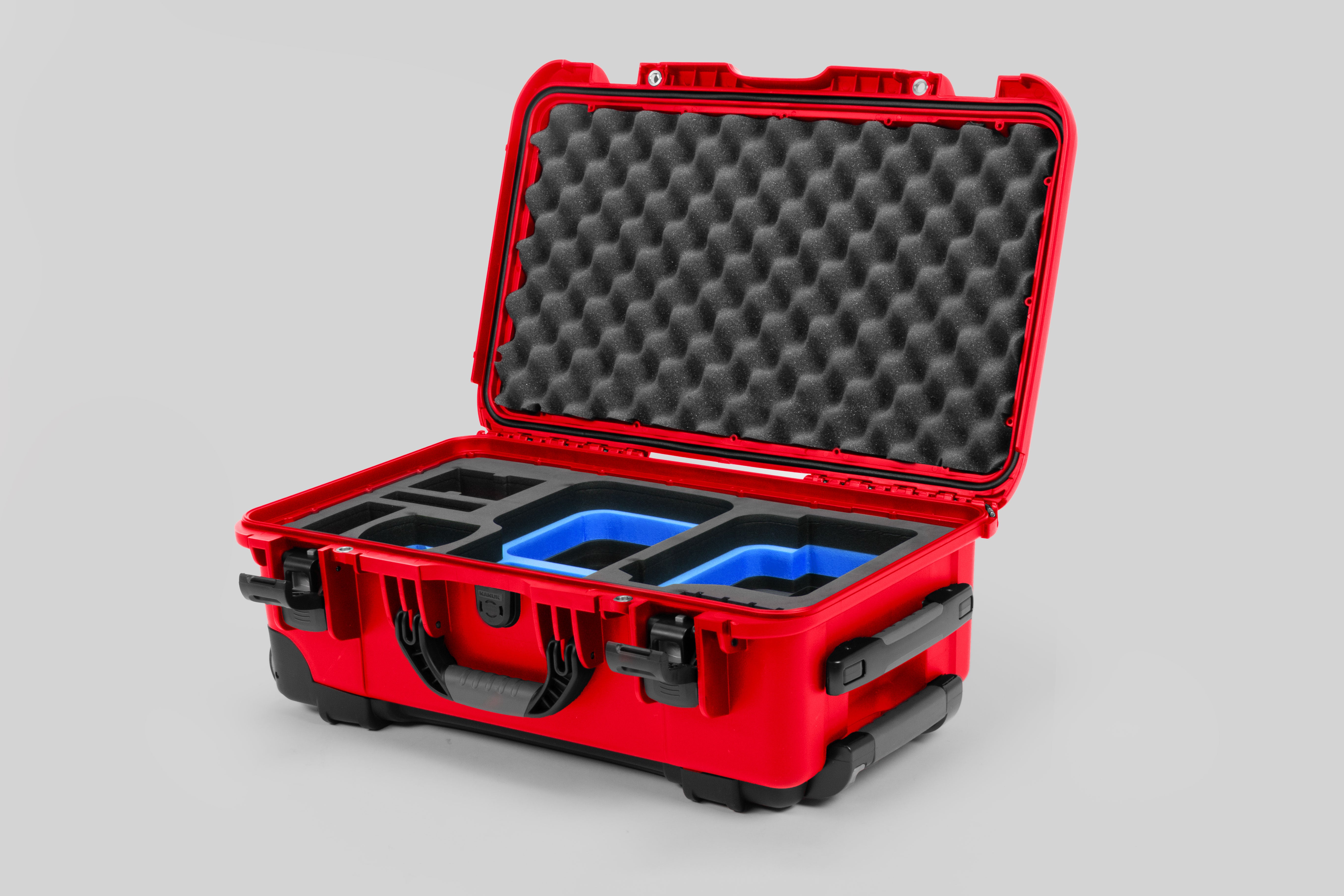 Angle view of Red Color Canon C400 Camera Carry-on Case and Blue Layer Custom Foam Insert