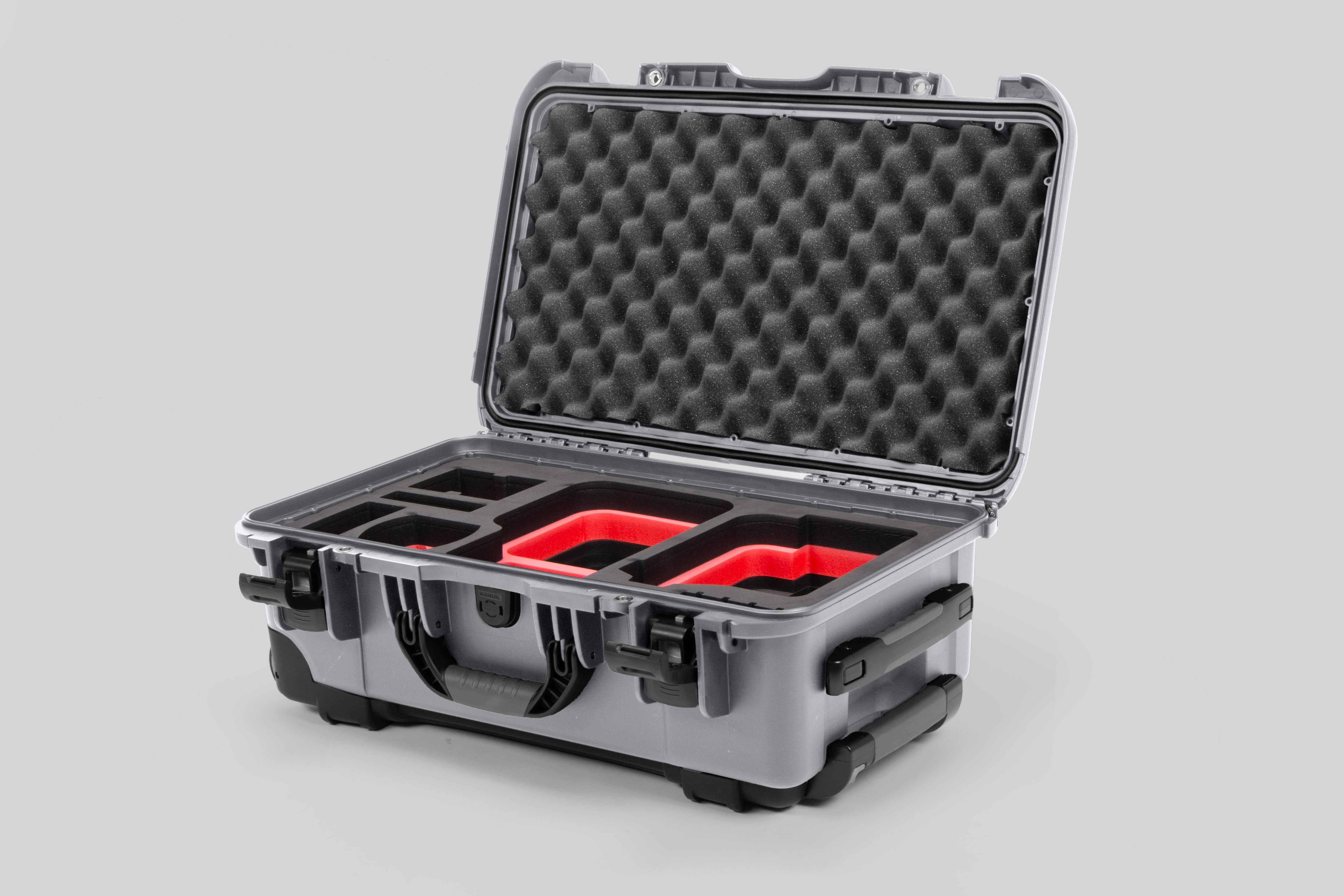 Angle view of Silver Color Canon C400 Camera Carry-on Case and Red Layer Custom Foam Insert
