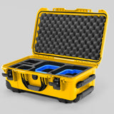 Angle view of Yellow Color Canon C400 Camera Carry-on Case and Blue Layer Custom Foam Insert