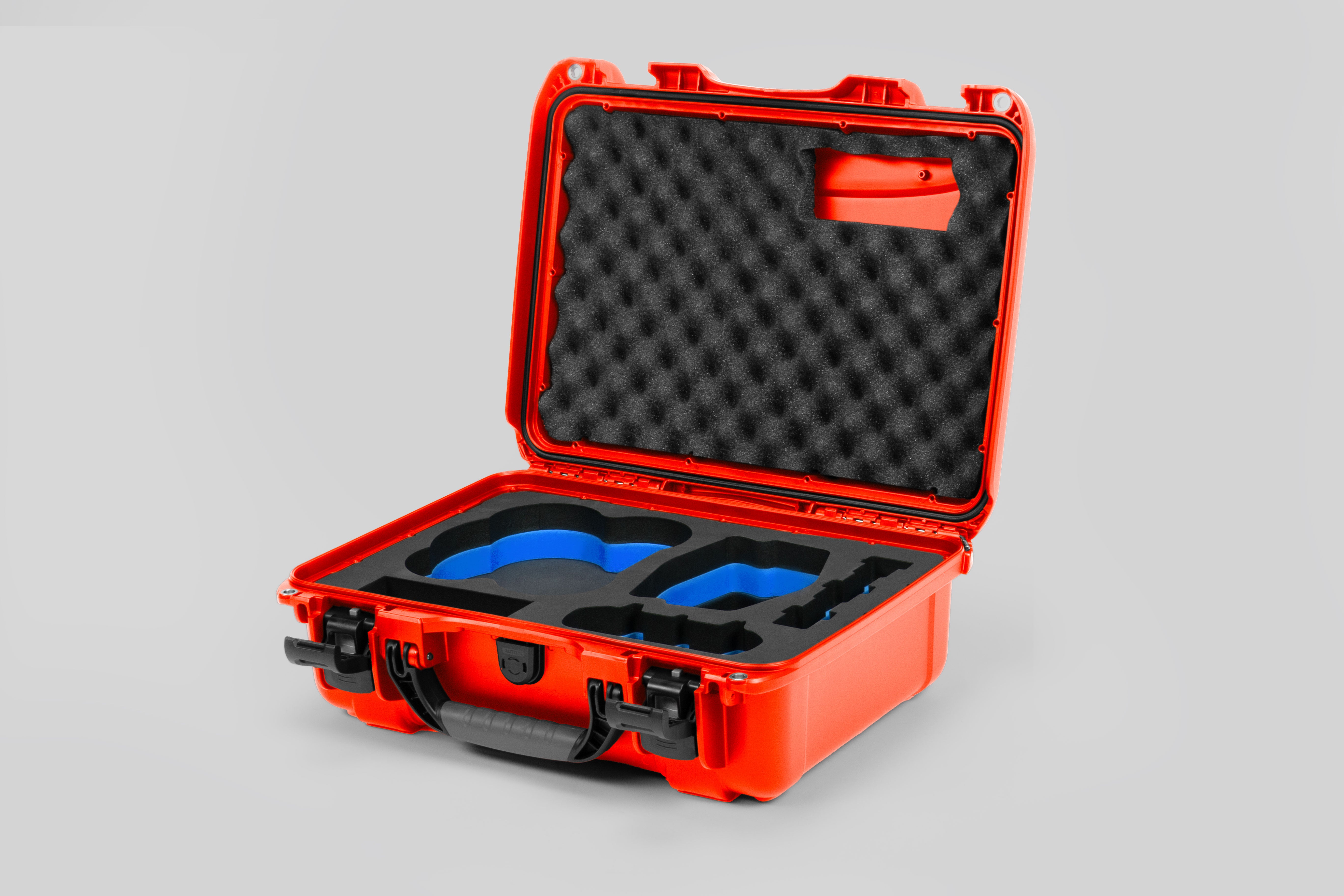 Angled view of DJI Avata 2 Fly More Combo Orange Color Waterproof Hard Case and Custom Foam Insert with a Blue Layer