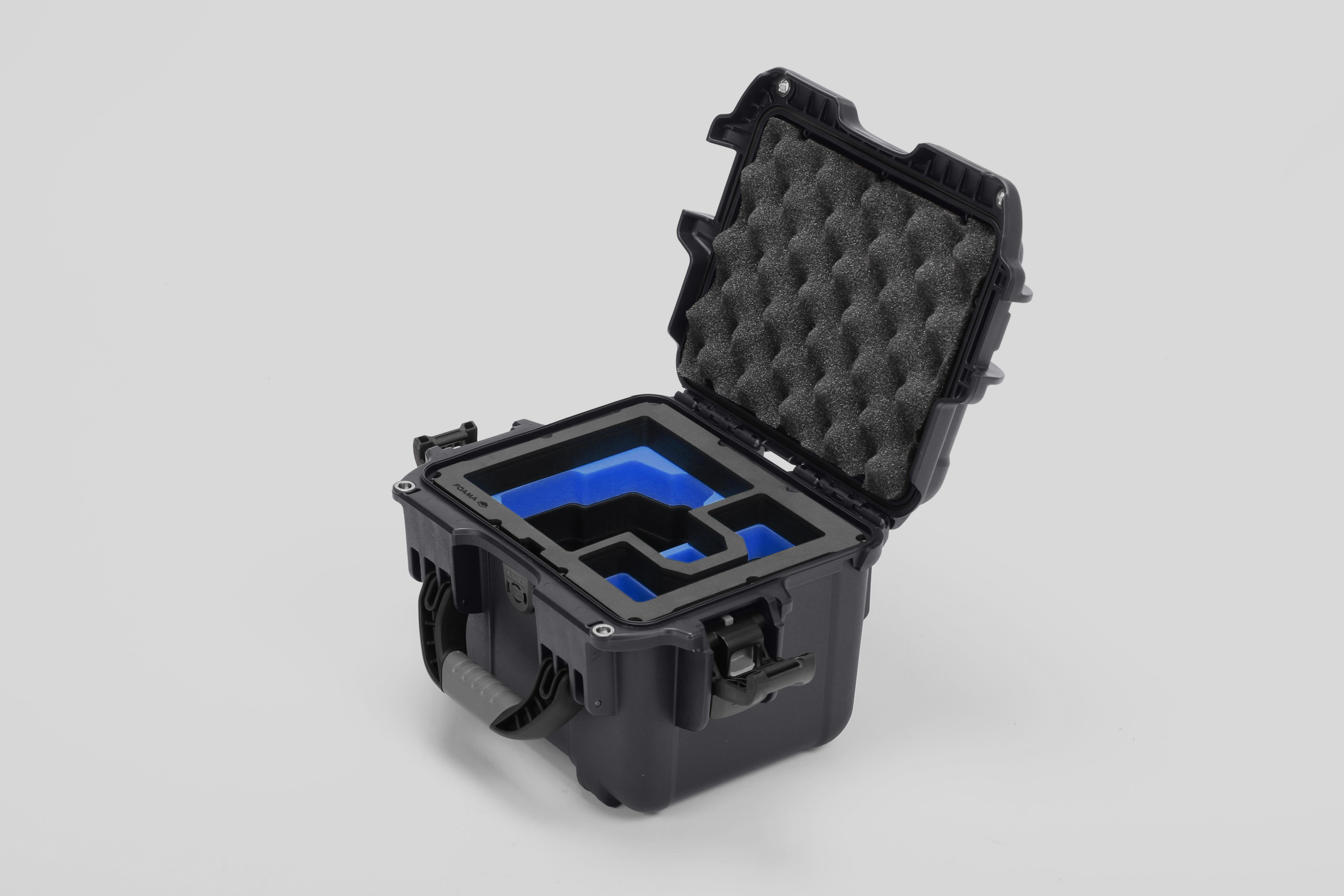Angled view of DJI Zenmuse H30T Graphite Color Storage and Carrying Case and Custom Foam Insert with a Blue Layer