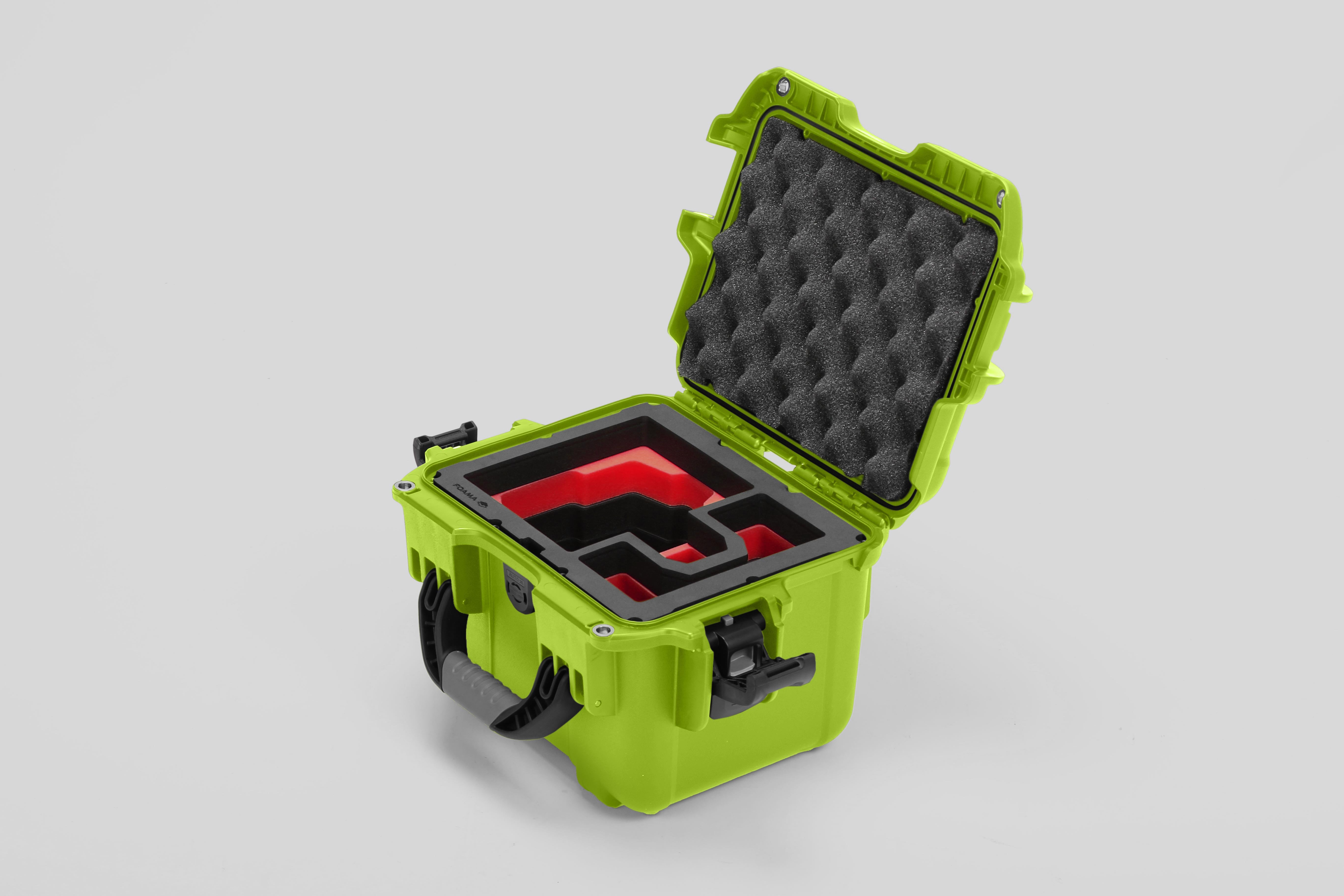Angled view of DJI Zenmuse H30T Lime Color Storage and Carrying Case and Custom Foam Insert with a Red Layer