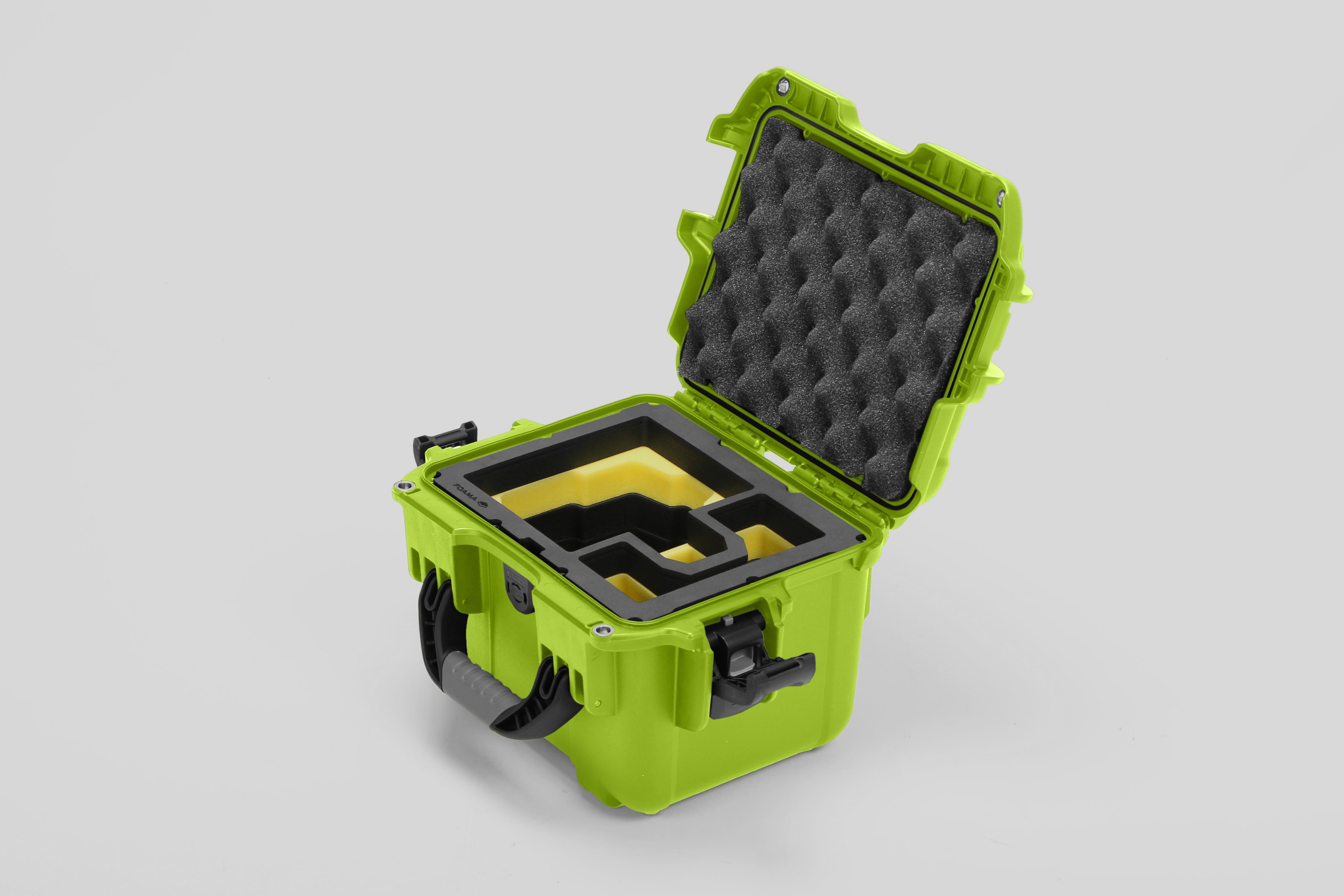 Angled view of DJI Zenmuse H30T Lime Color Storage and Carrying Case and Custom Foam Insert with a Yellow Layer