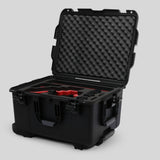 Angled view of Sony FX6 and accessories in Black Color Studio Case and Custom Foam Insert with a Red Layer