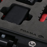 Close-up view 1 of Sony FX6 and accessories in Black Color Studio Case and Custom Foam Insert with a Red Layer