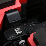 Close-up view 2 of Sony FX6 and accessories in Black Color Studio Case and Custom Foam Insert with a Red Layer