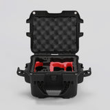 Front view of DJI Neo Black Color Adventure Ready Compact Waterproof Carry-on Case and Custom Foam Insert with a Red Layer for DJI Neo