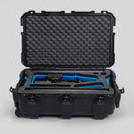 Front view of Black Color Optimo 24-290mm Heavy-Duty Lens Case and Blue Layer Custom Foam Insert