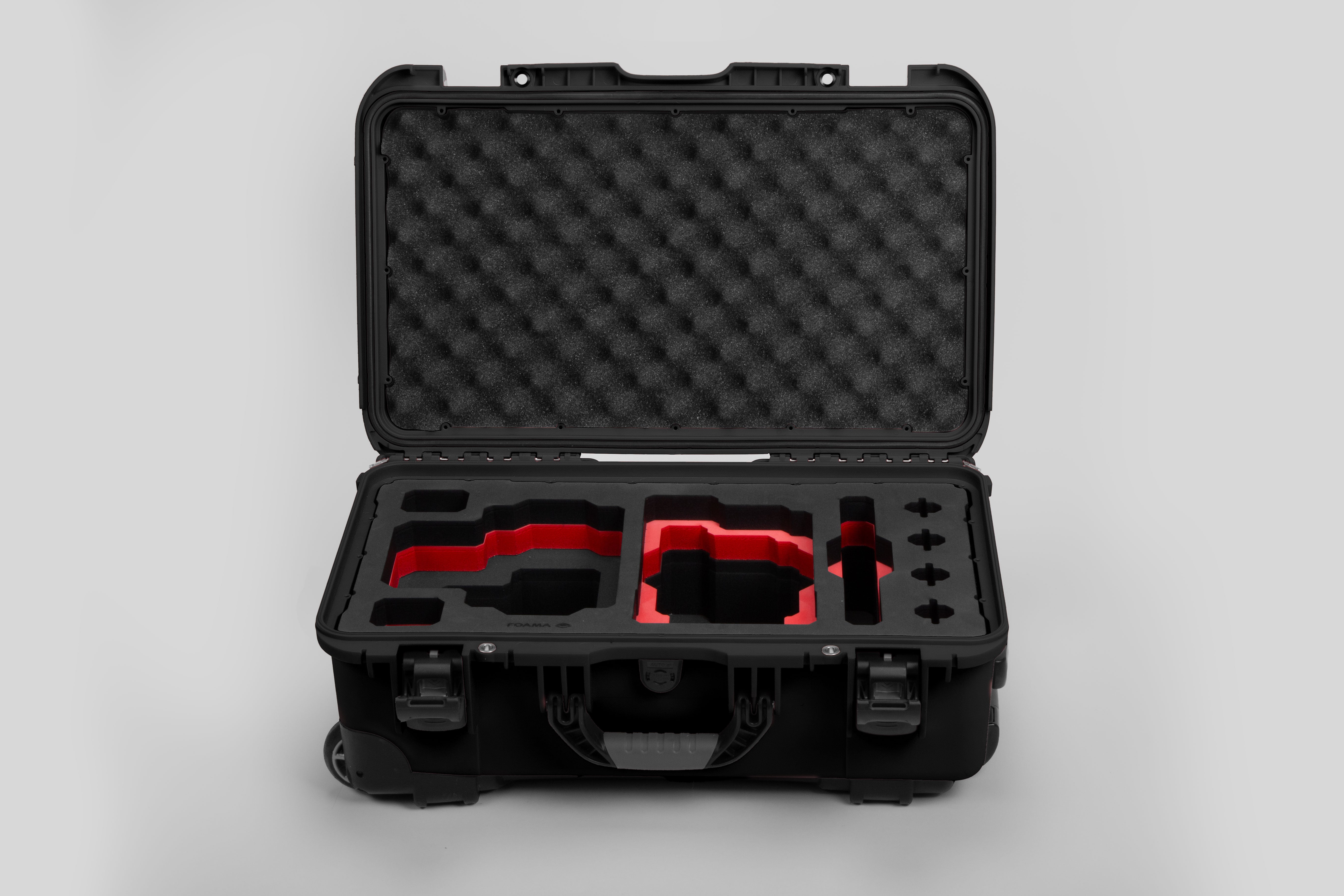 Front view of Black Color RED V Raptor Carry-On Case with Red Layer Custom Foam Insert