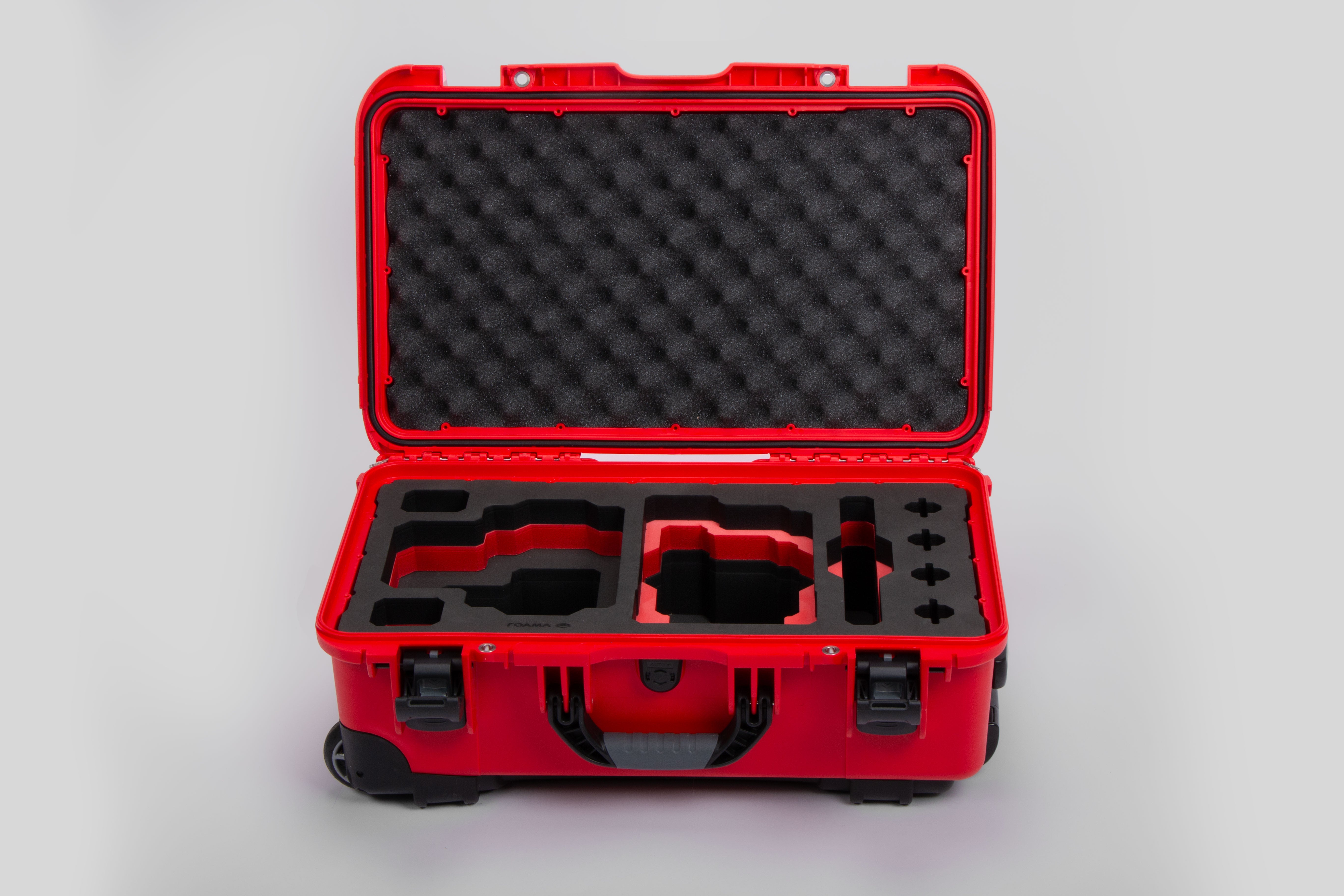 Front view of Red Color RED V Raptor Carry-On Case with Red Layer Custom Foam Insert