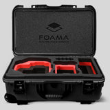 Front view of Foama Black Color Carry-on case and Custom Foam Insert with Red Layer for RED Komodo-X