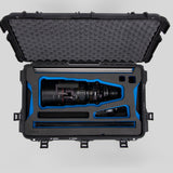 Top view of Black Color Optimo 24-290mm Heavy-Duty Lens Case and Blue Layer Custom Foam Insert