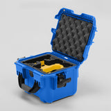 Angled view of DJI Neo Blue Color Adventure Ready Compact Waterproof Carry-on Case and Custom Foam Insert with a Yellow Layer for DJI Neo Combo