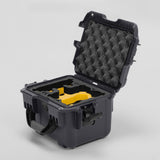 Angled view of DJI Neo Graphite Color Adventure Ready Compact Waterproof Carry-on Case and Custom Foam Insert with a Yellow Layer for DJI Neo