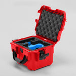 Angled view of DJI Neo Red Color Adventure Ready Compact Waterproof Carry-on Case and Custom Foam Insert with a Blue Layer for DJI Neo Fly More Combo
