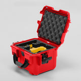 Angled view of DJI Neo Red Color Adventure Ready Compact Waterproof Carry-on Case and Custom Foam Insert with a Yellow Layer for DJI Neo Combo