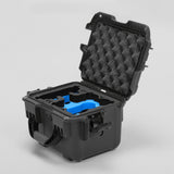 Angled view of DJI Neo Black Color Adventure Ready Compact Waterproof Carry-on Case and Custom Foam Insert with a Blue Layer for DJI Neo