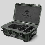 Angled view of Olive Color ARRI Alexa 35 Carry-On Case with Black Layer Custom Foam Insert