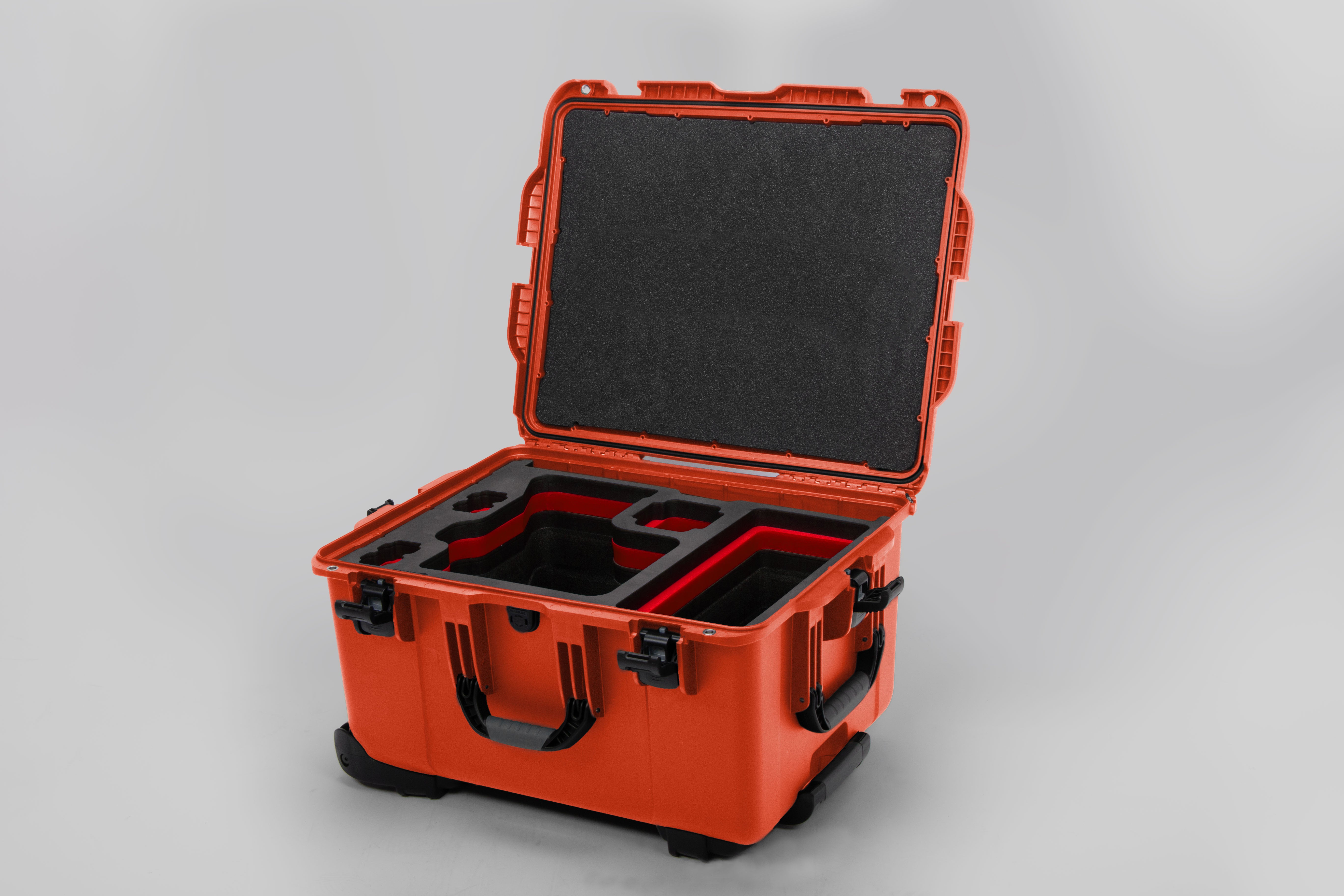 Angled view of ARRI Alexa 35 Orange Color Studio Case with Red Layer Custom Foam Insert