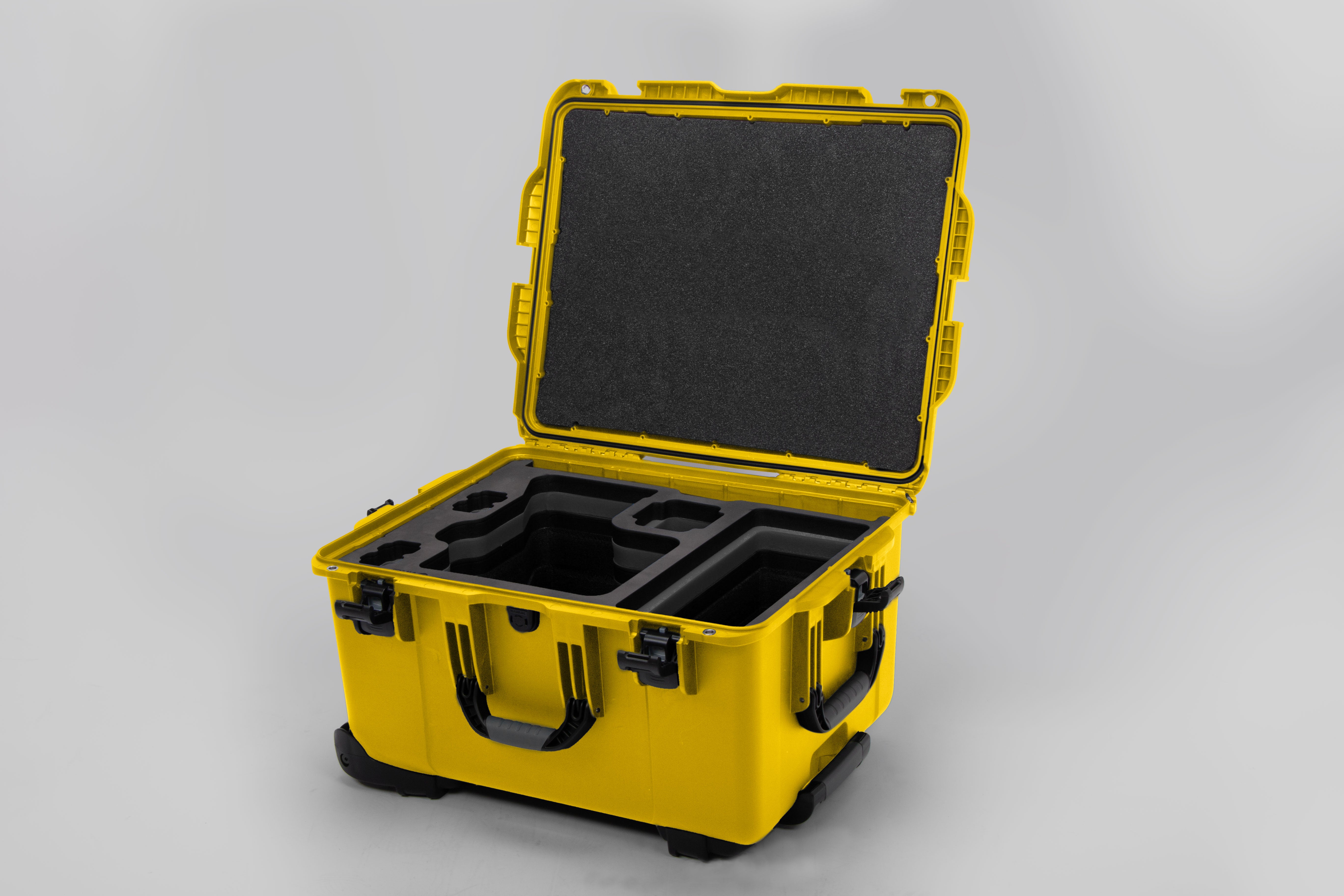 Angled view of ARRI Alexa 35 Yellow Color Studio Case with Black Layer Custom Foam Insert