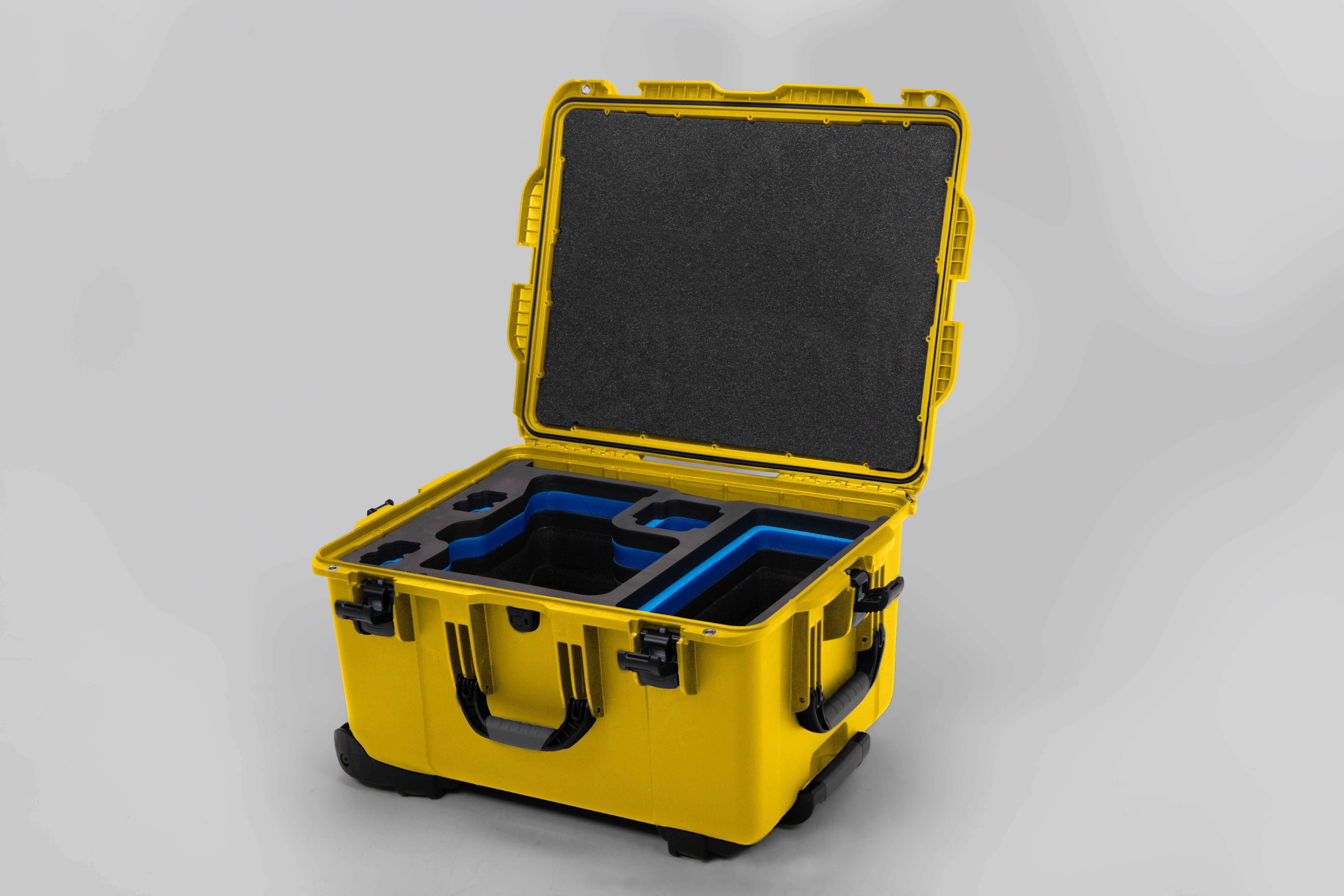 Angled view of ARRI Alexa 35 Yellow Color Studio Case with Blue Layer Custom Foam Insert