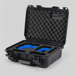 Angled view of DJI Avata 2 Fly More Combo Graphite Color Waterproof Hard Case and Custom Foam Insert with a Blue Layer