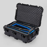 Angle view of Black Color Optimo 24-290mm Heavy-Duty Lens Case and Blue Layer Custom Foam Insert