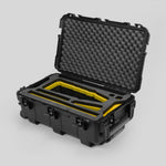 Angle view of Black Color Optimo 24-290mm Heavy-Duty Lens Case and Yellow Layer Custom Foam Insert