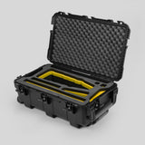 Angle view of Black Color Optimo 24-290mm Heavy-Duty Lens Case and Yellow Layer Custom Foam Insert