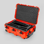 Angled view of Orange Color Optimo 24-290mm Heavy-Duty Lens Case and Black Layer Custom Foam Insert
