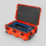 Angled view of Orange Color Optimo 24-290mm Heavy-Duty Lens Case and Blue Layer Custom Foam Insert