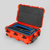 Angled view of Orange Color Optimo 24-290mm Heavy-Duty Lens Case and Blue Layer Custom Foam Insert