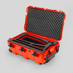 Angled view of Orange Color Optimo 24-290mm Heavy-Duty Lens Case and Red Layer Custom Foam Insert
