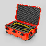 Angled view of Orange Color Optimo 24-290mm Heavy-Duty Lens Case and Yellow Layer Custom Foam Insert