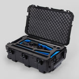 Angle view of Black Color Optimo 24-290mm Heavy-Duty Lens Case and Blue Layer Custom Foam Insert
