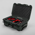 Angle view of Olive Color RED V Raptor Carry-On Case with Red Layer Custom Foam Insert