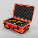Angle view of Orange Color RED V Raptor Carry-On Case with Yellow Layer Custom Foam Insert