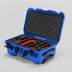 Angled view of Foama Blue Color Travel Case and Custom Foam Insert with Red Layer for RED Monstro