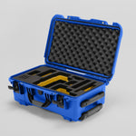 Angled view of Foama Blue Color Travel Case and Custom Foam Insert with Yellow Layer for RED Monstro