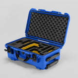 Angled view of Foama Blue Color Travel Case and Custom Foam Insert with Yellow Layer for RED Monstro