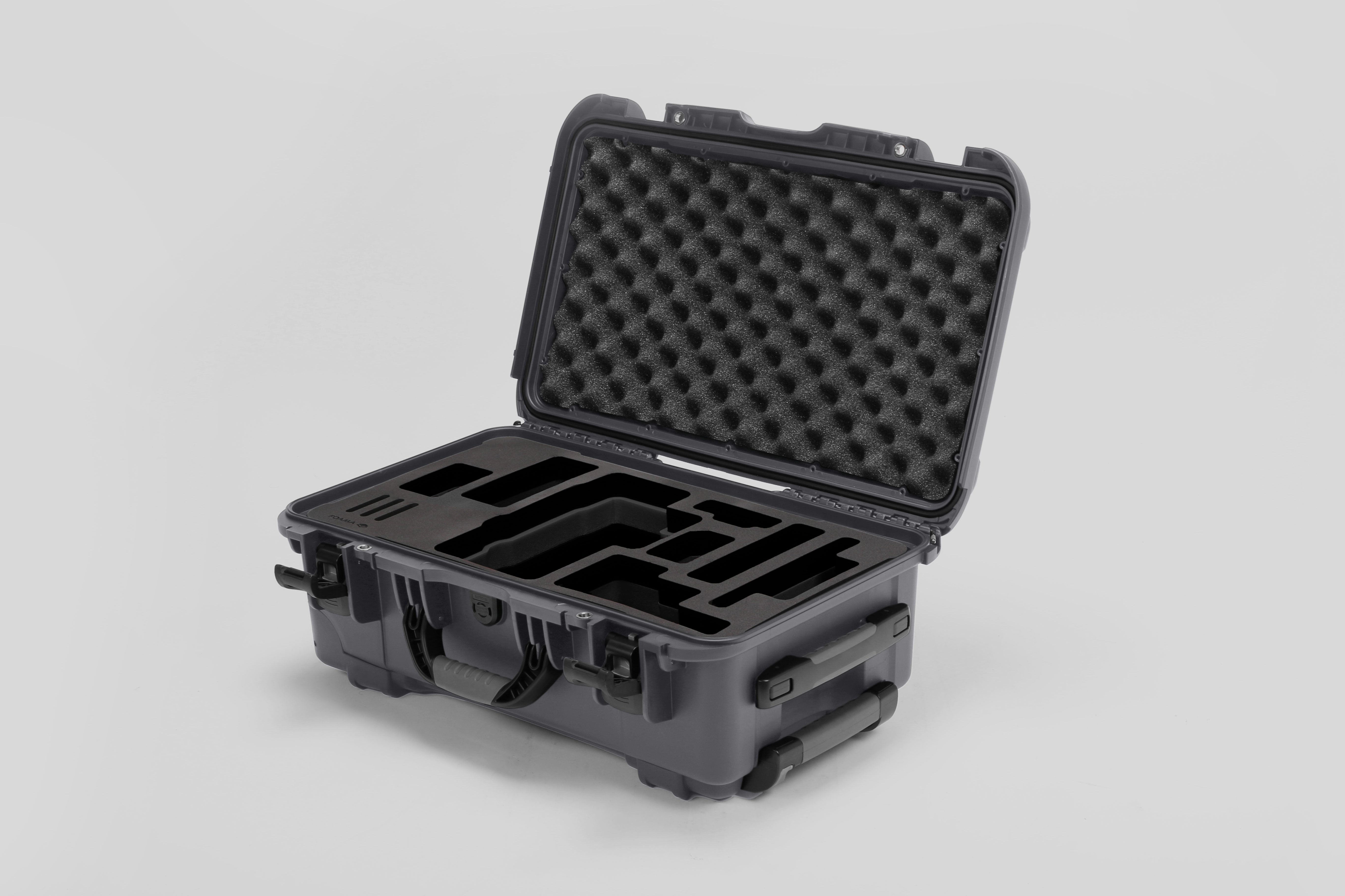 Angled view of Foama Graphite Color Travel Case and Custom Foam Insert for RED Monstro