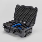 Angled view of Foama Graphite Color Travel Case and Custom Foam Insert with Blue Layer for RED Monstro