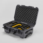 Angled view of Foama Graphite Color Travel Case and Custom Foam Insert with Yellow Layer for RED Monstro